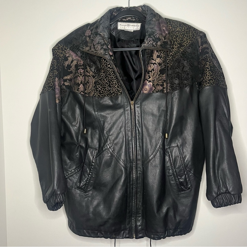VTG Maggie Lawrence Black Leather Jacket with Purple Floral Patchwork Accents